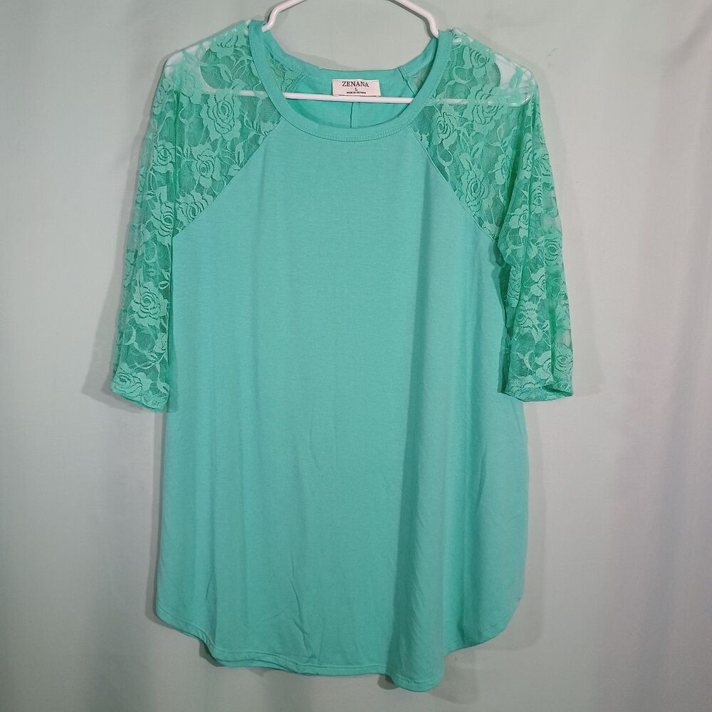 Zenana Mint Green Lace Sleeve Tunic Top 3/4 Sleeve Casual Stretch Blouse